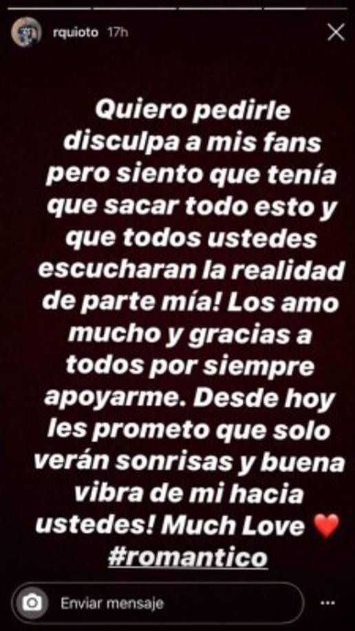 Romell Quioto realizó esta publicación en su storie Instagram luego de las revelaciones que hizo sobre Óscar Herrera, novio de Malubi Paz.