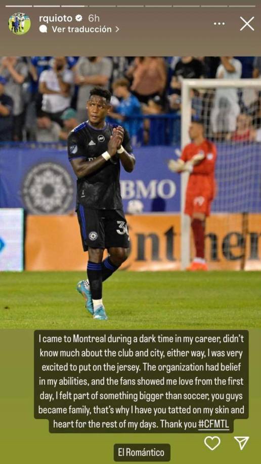Este mismo viernes, el CF Montreal confirmó el adiós de Romell Quioto al finalizar contrato y decidir no renovarlo para la próxima temporada. El jugador se despidió con emotivo mensaje.
