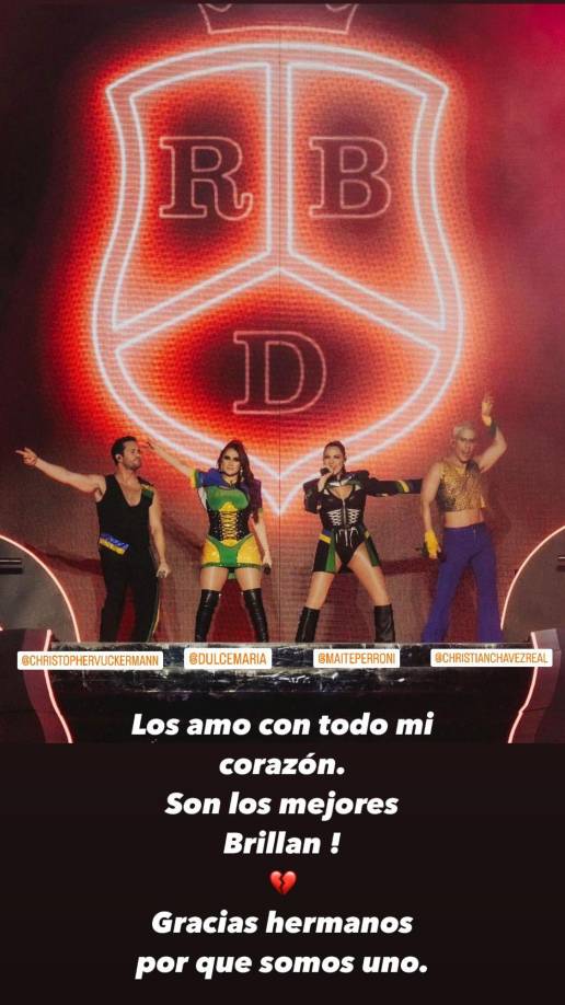 Esta imagen corresponde al siguiente show presentado por RBD sin Anahí, fue la misma cantante desde el hospital que la compartió expresando su orgullo y profesionalismo. Se supo que Dulce también también ha estado mal de salud. RBD tienen que cumplir con dos presentaciones más en el Allianz Parque de Sao Paulo, luego volarán a México para preparar el cierre de la gira llamada “Soy Rebelde Tour”. El cierre de la gira será el 21 de diciembre en el Estadio Azteca. Anahí confía estar recuperada para entonces.