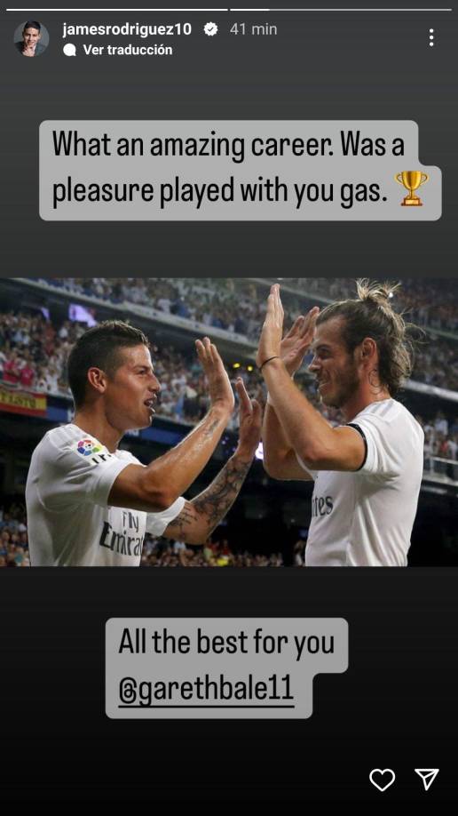 James Rodríguez (excompañero en el Real Madrid): “Qué increíble carrera. Fue un placer jugar contigo. Todo lo mejor para ti”.