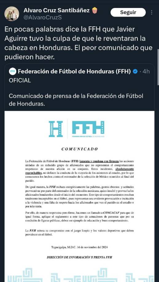 ”En pocas palabras dice la FFH que Javier Aguirre tuvo la culpa de que le reventaron la cabeza en Honduras. El peor comunicado que pudieron hacer”