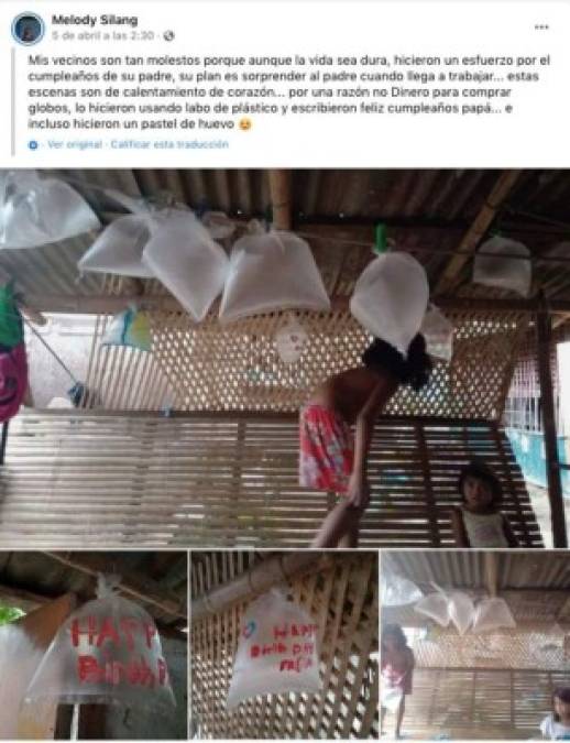 Niños celebran cumpleaños de su padre con bolsas de plástico como globos