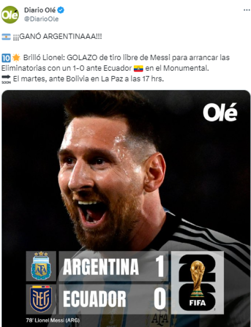 Diario Olé de Argentina: “Brilló Lionel: GOLAZO de tiro libre de Messi para arrancar las Eliminatorias con un 1-0 ante Ecuador”.