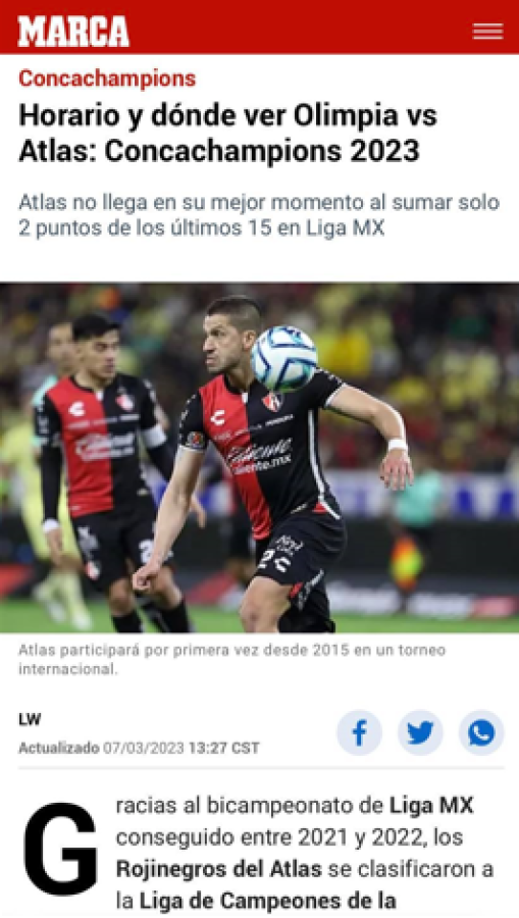 Diario Marca: “Atlas no llega en su mejor momento al sumar solo 2 puntos de los últimos 15 en la Liga MX”.