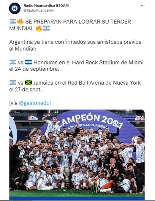 En Ecuador, la Radio Huancavilca destaca los partidos amistosos de Argentina contra Honduras y Jamaica. “Se preparan para lograr su tercer Mundial”.