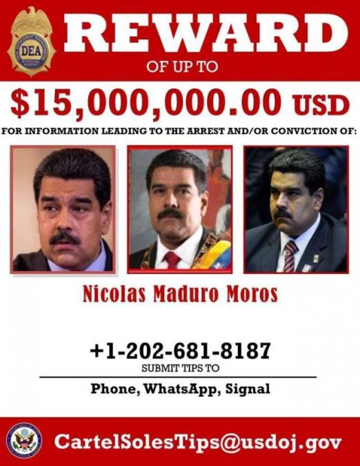 En marzo de 2020, el Gobierno de Estados Unidos presentó oficialmente cargos criminales por narcotráfico contra el presidente de Venezuela, Nicolás Maduro, por el que ofrece una recompensa de 15 millones de dólares.