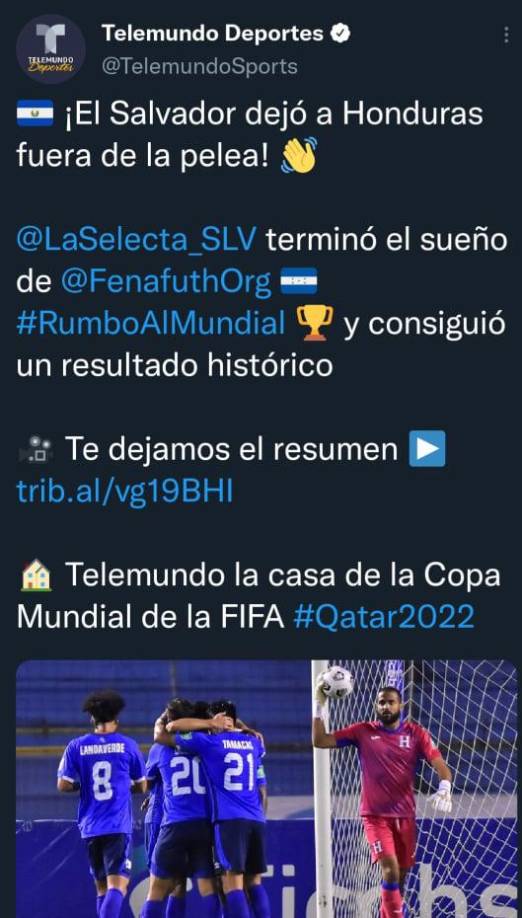 Telemundo Deportes: “El Salvador dejó a Honduras fuera de la pelea”.