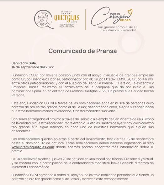 Hondureños pueden nominar a altruistas al Premio Quetglas