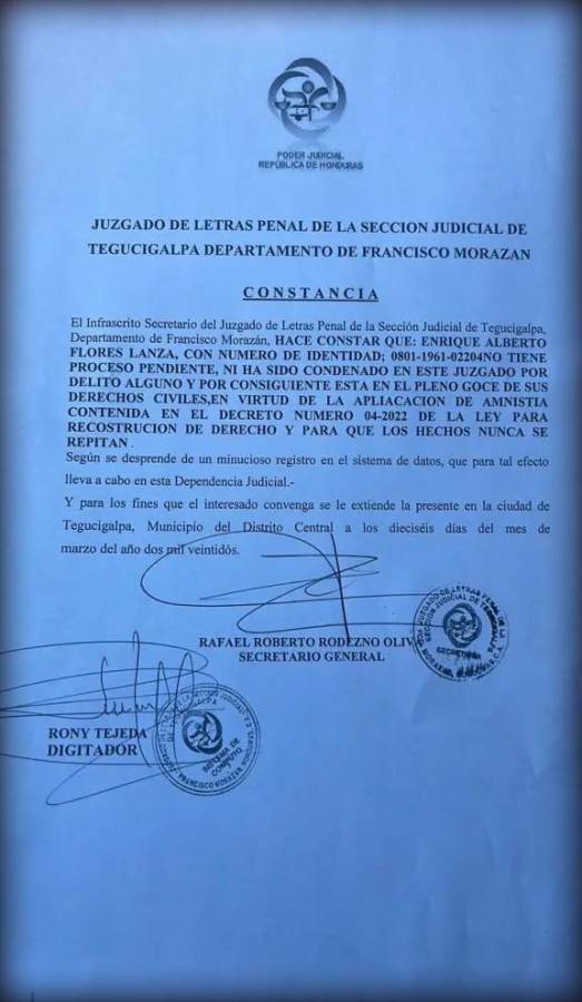 Juzgado de Letras de la Sección Judicial de Tegucigalpa.