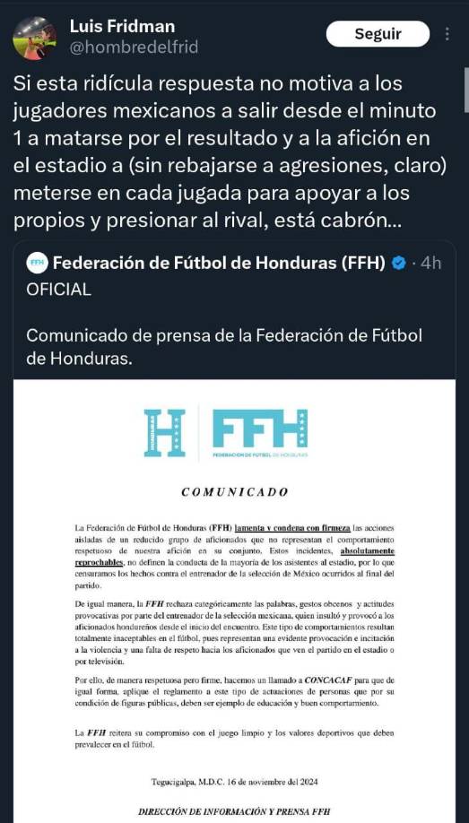 “Si esta ridícula respuesta no motiva a los jugadores mexicanos a salir desde el minuto 1 a matarse por el resultado y a la afición en el estadio a (sin rebajarse a agresiones, claro) meterse en cada jugada para apoyar a los propios y presionar al rival, está cabrón...”