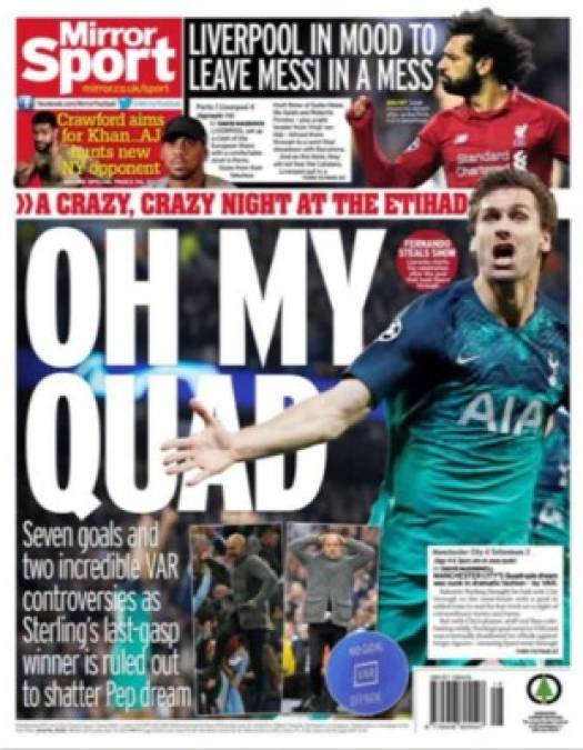 Mirror Sport - El medio destaca la 'noche loca' que se vivió en el Etihad Stadium con la eliminación del Manchester City y clasificación del Tottenham.