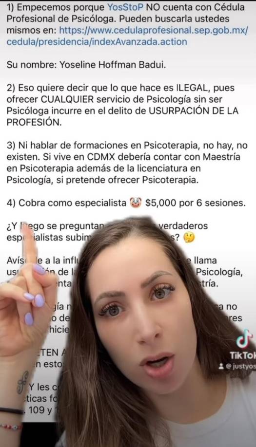 ya que la influencer no cuenta con una maestría y al no tener la cédula profesional esta cobra 5 mil pesos sin ser un especialista indicó Espinoza. 