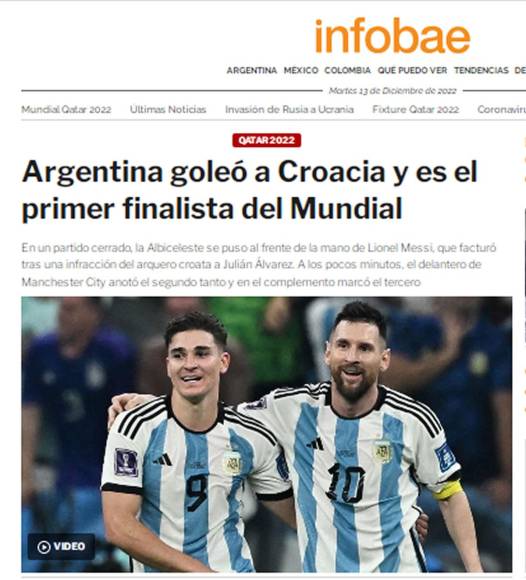 Infobae - “Argentina goleó a Croacia y es el primer finalista del Mundial”.