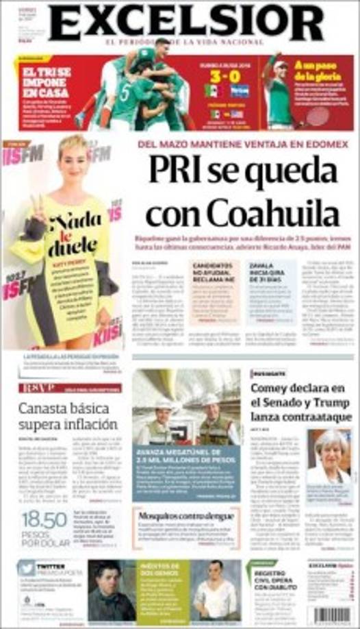 El Excelsior da un espacio en su portada para la victoria de México. 'El Tri se impone en casa. Con goles de Oswaldo Alanís, Hirving Lozano y Raúl Jiménez, México venció a Honduras en el hexagonal rumbo a Rusia 2018'.