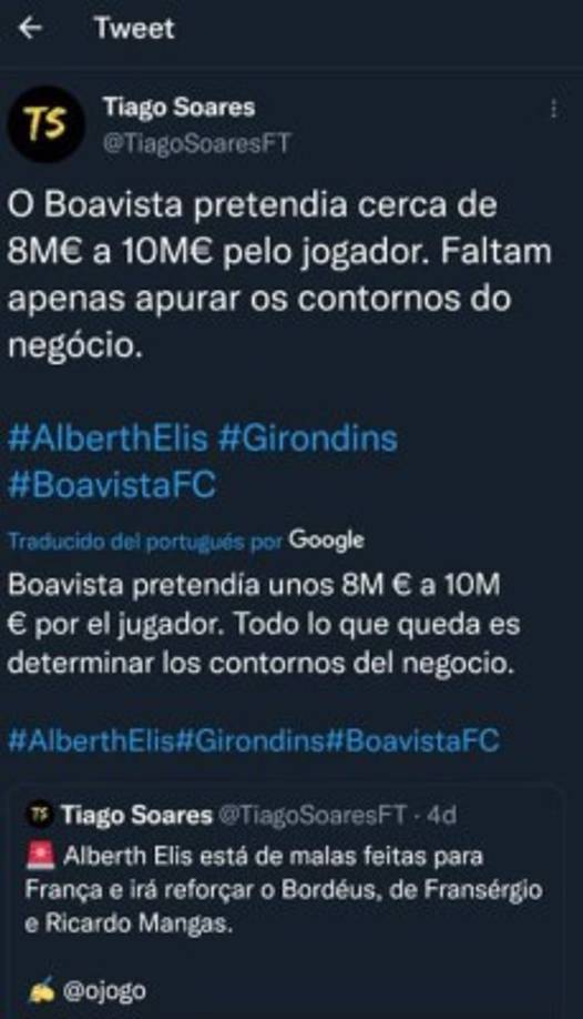 Medios portugueses señalan que el Boavista pretende de 8 a 10 millones de euros por el traspaso de Alberth Elis. El hondureño llega al Burdeos cedido a préstamo y en el 2022 decidirá si lo compra.