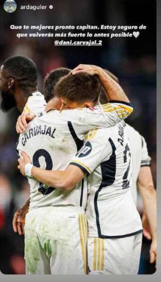 El turco Arda Guler y sus mejores deseos para el defensor: “Estoy seguro que volverás lo más fuerte lo antes posible”.