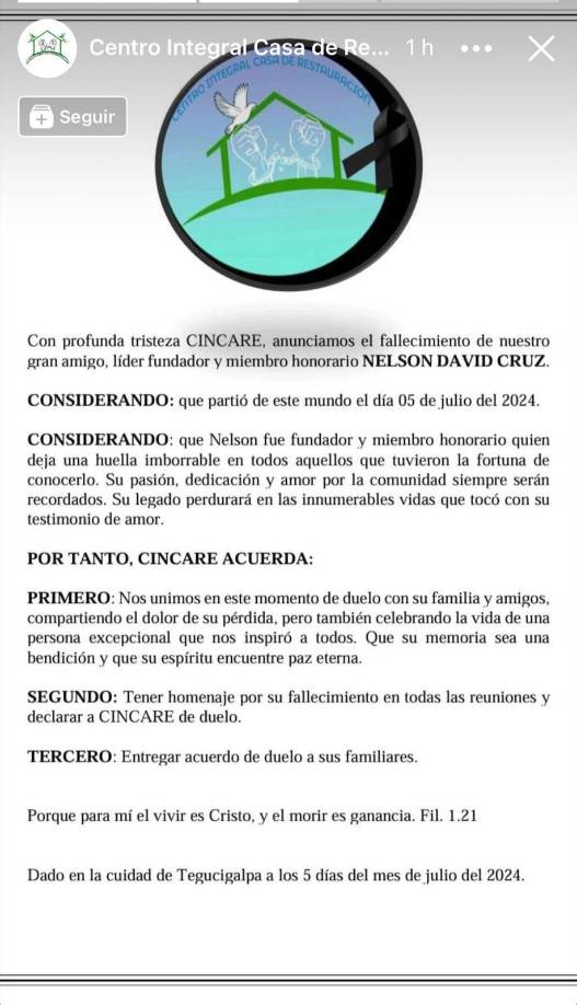 El Centro Integral Casa de Restauración (CINCARE) emitió un comunicado lamentando profundamente el fallecimiento de Nelson David Cruz.