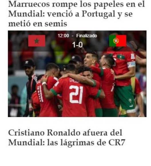 Diario El Día: “Marruecos rompe los papeles en el Mundial: venció a Portugal y se metió en semis”.