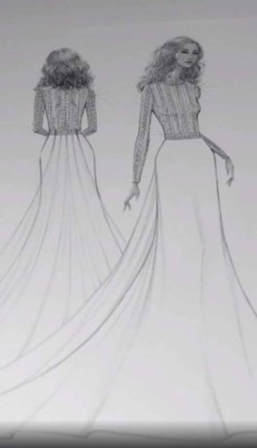 Clará ha añadido que el diseño está bordado a mano, con micropedrería incrustada en el dibujo y que la falda, de línea evasé, está confeccionada en crepe de seda natural con una ligera sobrecola extraíble.