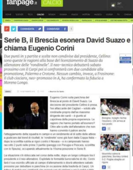 Calciofanspage - El portal detalla que Eugenio Corini será el encargado de ocupar el puesto de David Suazo.