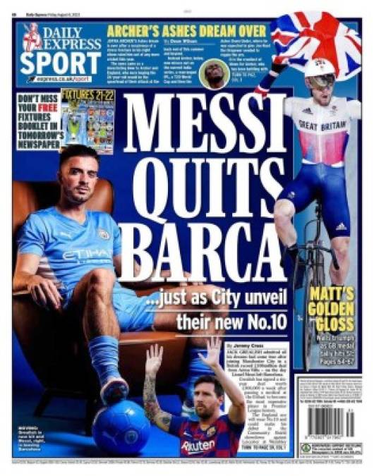 Daily Express Sport - (Inglaterra) - “Messi deja el Barça ... justo cuando el Manchester City presenta su nuevo número 10”, en referencia al fichaje de Jack Grealish.