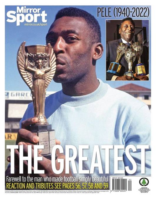 Portada del diario Mirror Sport (Inglaterra) - “El mas grande”. “Adiós al hombre que hizo el fútbol simplemente hermoso”.