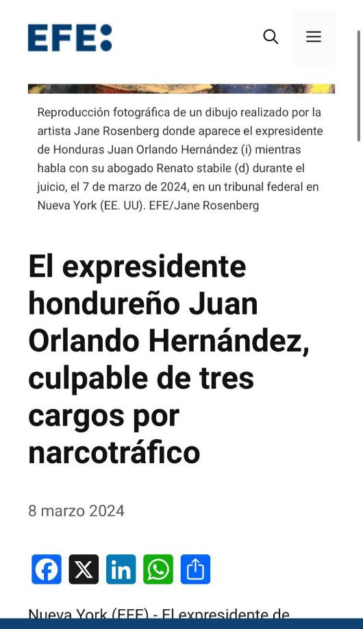 EFE informa: El expresidente hondureño Juan Orlando Hernández, culpable de tres cargos por narcotráfico.