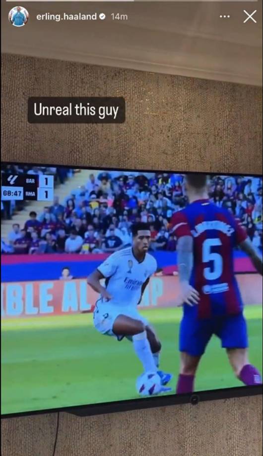 Erling Haaland, quien fue compañero de Jude Bellingham en el Borussia Dortmund, alabó al inglés tras su golazo en plena disputa del Clásico. “Este tipo es irreal”, escribió el delantero noruego del Manchester City.