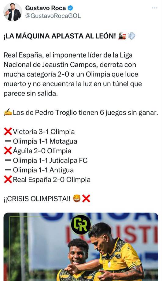 Gustavo Roca, periodista de DIEZ: “La Máquina aplasta al León! Real España derrota con mucha categoría a un Olimpia que luce muerto y no encuentra la luz en un túnel que parece sin salida. ¡Crisis olimpista!”