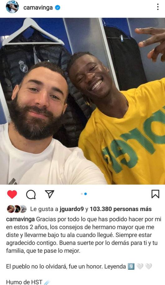 También agradeció la ayuda que le ha prestado desde su llegada al Real Madrid el centrocampista francés Eduardo Camavinga a Karim. “Gracias por todo lo que has hecho por mí en los últimos 2 años, por los consejos de hermano mayor que me has dado y por acogerme bajo tu ala cuando llegué”.