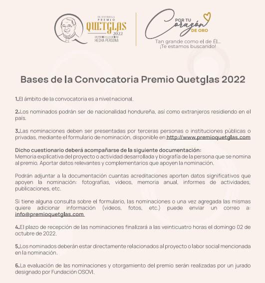 Hondureños pueden nominar a altruistas al Premio Quetglas