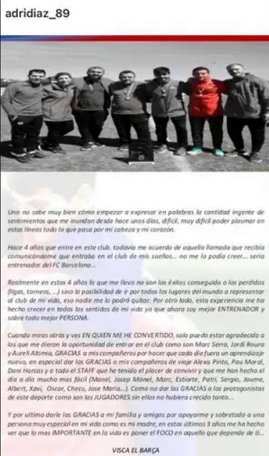 Esta fue la carta que publicó Adrià Díaz en sus redes sociales.