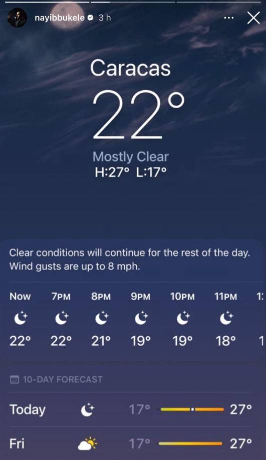 En su historia, el presidente Nayib Bukele publicó el clima de la ciudad de Caracas, capital de Venezuela.