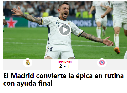 “El Madrid convierte la épica en rutina con ayuda final”, publica Sport tras el triunfo de Real Madrid.