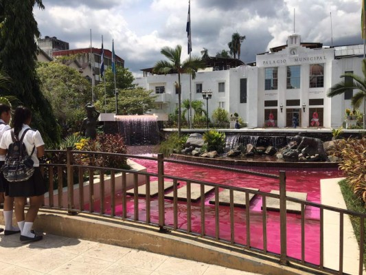 El agua de la fuente luce rosa y ha llamado la atención de los que circulan por el parque.