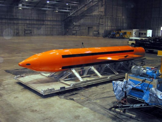 (FILES) Undated file image obtained April 14 , 2017 courtesy of the Department of Defense (DOD) shows the GBU-43/B Massive Ordnance Air Blast bomb prototype in an undisclosed location.The US military on April 13, 2017 dropped what is considered to be the largest non-nuclear bomb on an Islamic State complex in Afghanistan, the Pentagon said.The GBU-43/B Massive Ordnance Air Blast bomb hit a 'tunnel complex' in Achin district in Nangarhar province, US Forces Afghanistan said in a statement. / AFP PHOTO / Department of Defence / Handout / RESTRICTED TO EDITORIAL USE - MANDATORY CREDIT 'AFP PHOTO / Department of Defense' - NO MARKETING NO ADVERTISING CAMPAIGNS - DISTRIBUTED AS A SERVICE TO CLIENTS == NO ARCHIVE