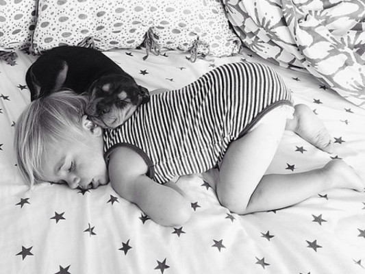 Fotos del bebé Beau que duerme con su perro Theo