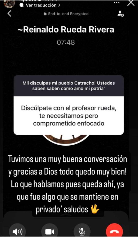 Romell Quioto respodió con mucha altura y dejando claro el tema. “Tuvimos una muy buena conversación y gracias a Dios todo quedó muy bien. Lo que hablamos, pues queda ahí, ya que fue algo que se mantiene en privado”, dijo, acompañando el texto con una captura de pantalla de la llamada con el seleccionador de Honduras.