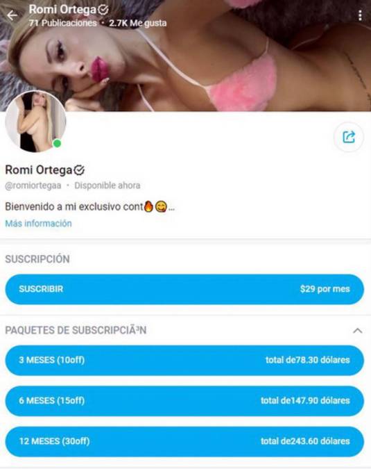 “Bienvenido al exclusivo contenido”, se lee en la descripción de la página de Romina Ortega, quien es reconocida por subir rutinas de gimnasio y muestra cómo atraviesa su vida 100% fit a sus más de 200 mil seguidores.