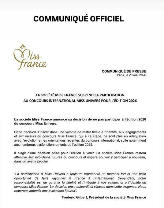 Francia anuncia que sale de la organización Miss Universo