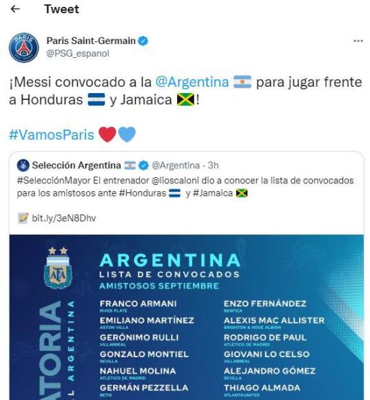 El PSG de Francia en sus redes sociales oficiales: “Messi convocado a la Selección de Argentina para jugar frente a Honduras y Jamaica”.