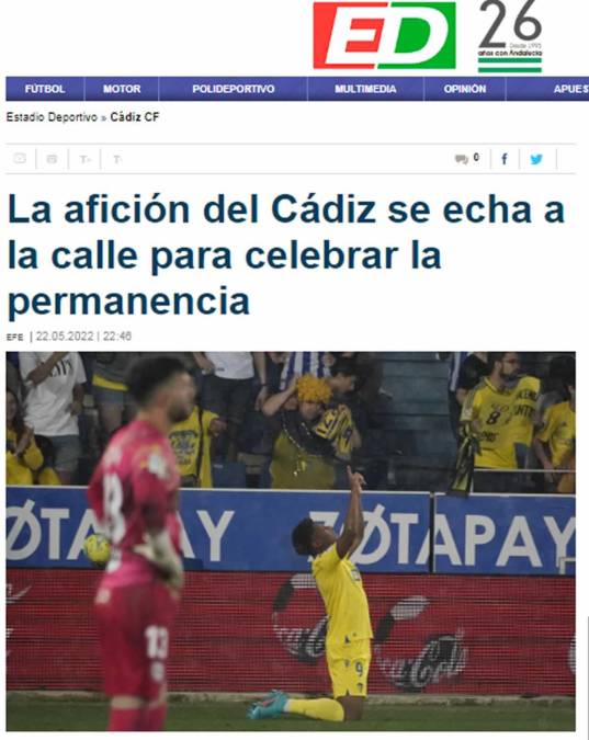 Estadio Deportivo informó que “la afición del Cádiz se echa a la calle para celebrar la permanencia” tras el gol del Choco Lozano que los salvó del descenso.