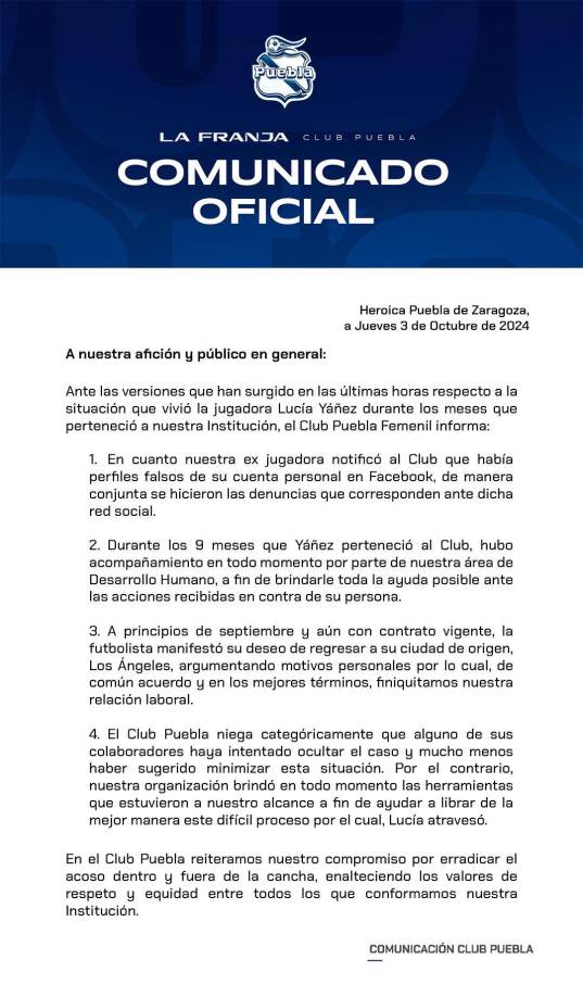 “Nuestra jugadora notificó que había perfiles falsos en su cuenta personal, de manera conjunta se hicieron las denuncias que corresponden a dicha red. El Club Puebla niega que alguno de sus colaboradores haya intentado ocultar el caso y mucho menos haber sugerido minimizar la situación”, comienzan.
