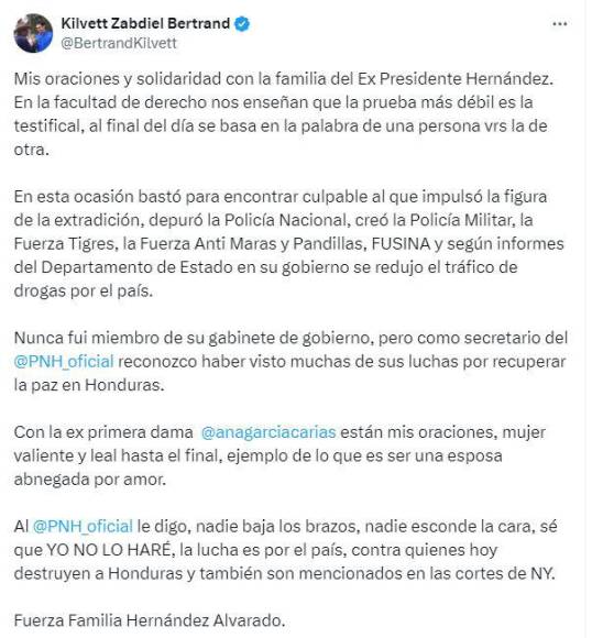 7. El dirigente nacionalista, Kilvett Bertrand, también emitió una amplia opinión sobre el veredicto de culpabilidad contra Juan Orlando Hernández. 