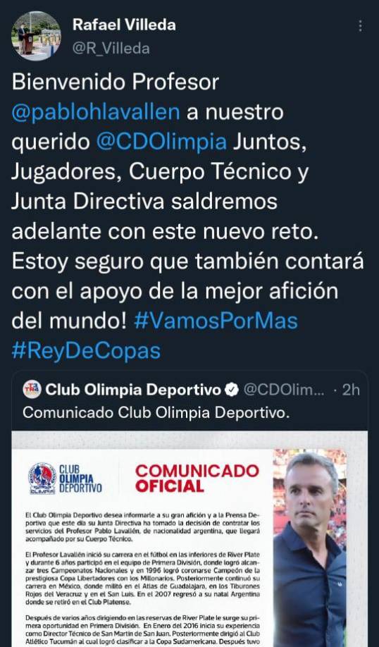 En primer lugar Rafael Villeda, presidente del Olimpia, se encargó de darle la bienvenida al nuevo timonel del conjunto olimpista.