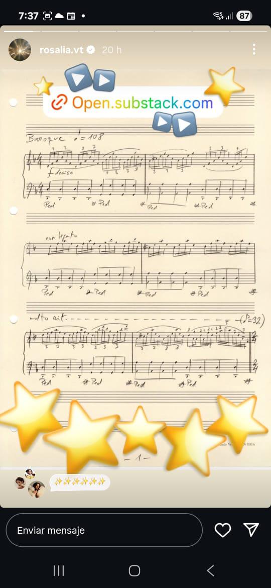 Esta es la partitura que Rosalía compartió en sus historias de Instagram y que sus fans han hecho viral.