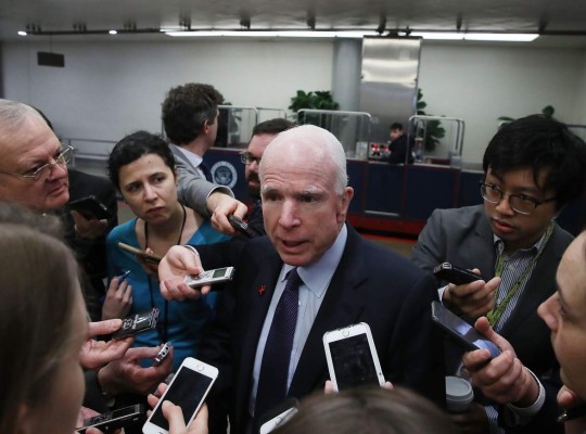 WASHINGTON, DC - FEBRUARY 15: Senate Armed Services Committee Chairman John McCain (R-AZ) fields questions from reporters on the resignation of National Security Adviser Michael Flynn and the Trump administrations connection to Russia, on Capitol Hill February 15, 2017 in Washington, DC. Questions about ties between Trump's team and Russian intelligence agents mounted Wednesday after news of extensive contacts between the two were reported. Democrats and some Republicans are calling for an investigation into Trump's links to Russia. Mark Wilson/Getty Images/AFP== FOR NEWSPAPERS, INTERNET, TELCOS & TELEVISION USE ONLY ==