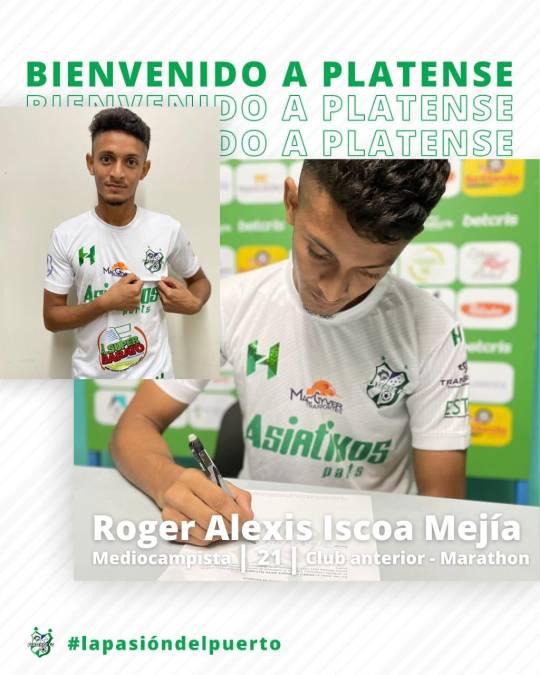 El Platense anunció el fichaje del joven hondureño Roger Iscoa, quien llega procedente del Marathón. El mediocampista no entró en los planes del Tato García, estratega de los verdes.