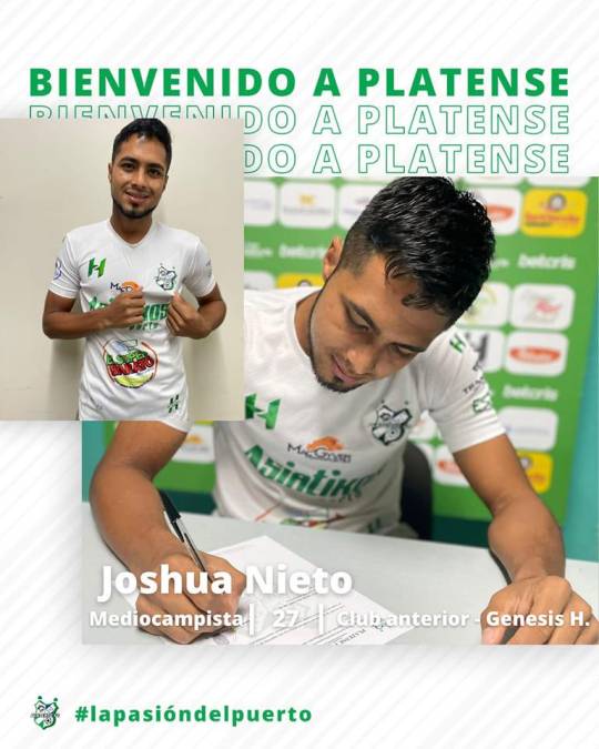 El mediocampista Joshua Nieto regresa a las filas del Platense para este 2022. Con los escualos fue parte del equipo que le ganó la Copa Presidente al Real España; en su momento estuvo en Motagua, UPN y Real de Minas.