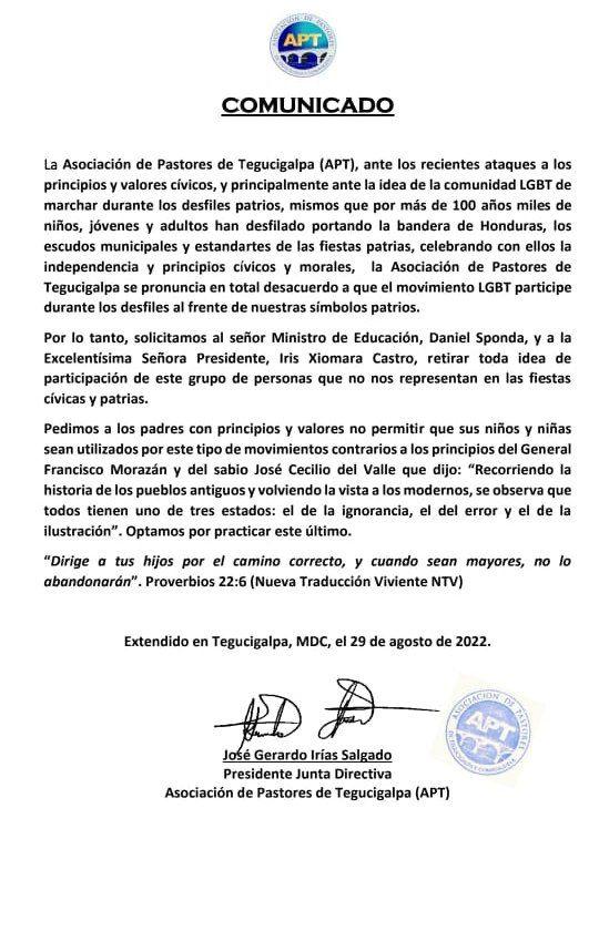 Comunicado de la Asociación de Pastores de Tegucigalpa.